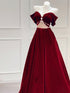 Wine Red Velvet A-line Off Shoulder Party Dress, Wine Red Velvet Long Prom Dress